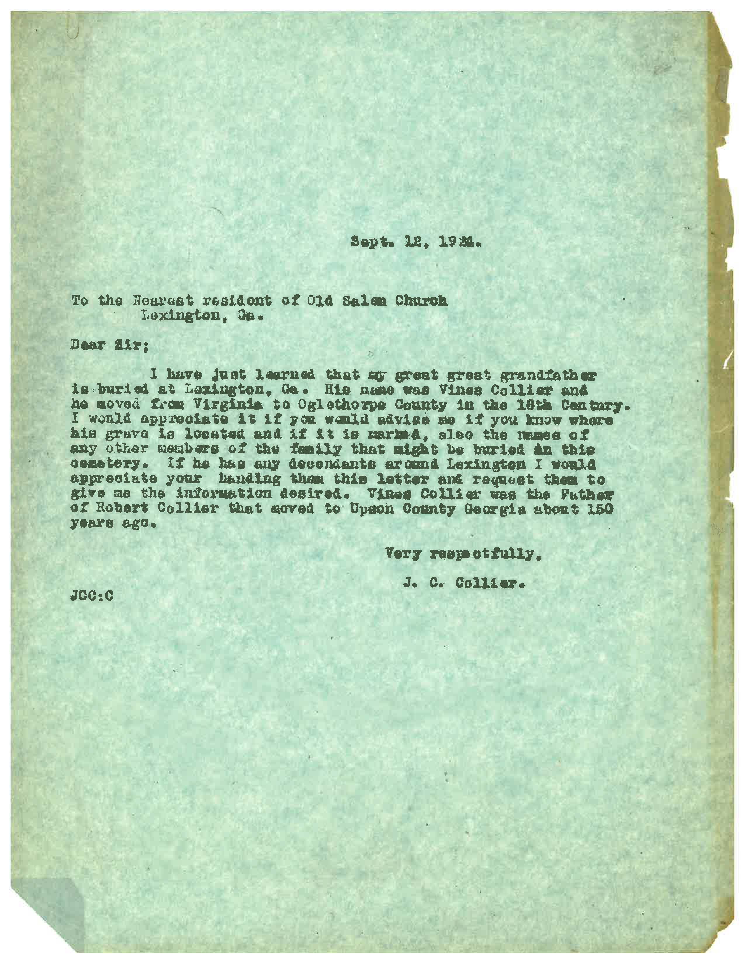 Example of Exploratory Letter Sent BY J. C. Collier