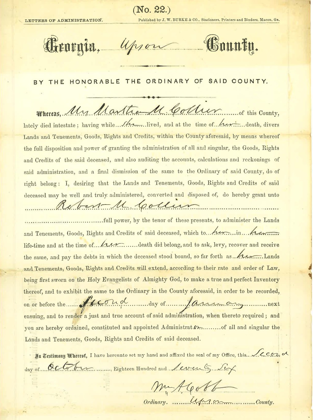 1876_10_02_Ltr of Adminsitration RMC for Martha Collier Estate