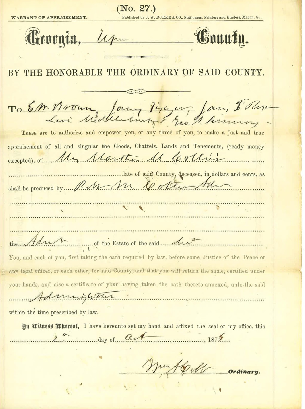 1877_10_20_Notice of Appraisement to RMC re Martha Collier Estate